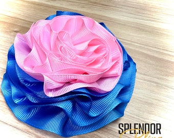JJOA Medium Blue & Pink Grosgrain Ribbon Ruffle Flower Brooch - Jack and Jill of America