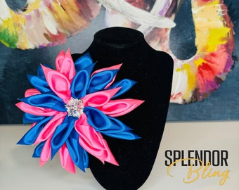 JJOA Pink and ROYAL Blue Satin Kanzashi Flower Brooch with Crystal Center - Jack and Jill of America
