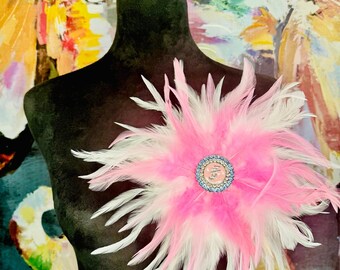 JJOA Pink and White Feather Brooch with Interlocking JJ Center - Jack and Jill of America