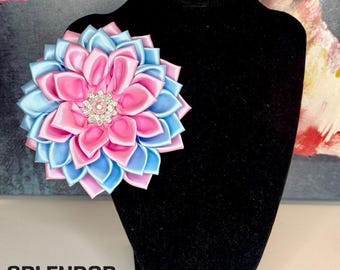 JJOA Pink/Light Blue/Pink Satin Flower Brooch w/Petite Pearl Center - Jack and Jill of America