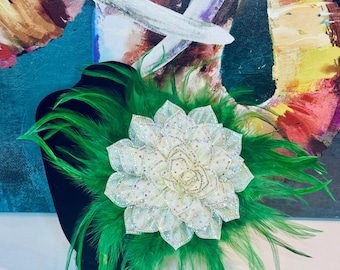 Oversized LINKS Inspired White Sequin Flower Brooch with Feather Fringe - The Links Incorporated