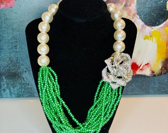 The LINKS inspired Oversized White Rose Green Bead Pearl necklace