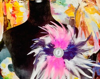 JJOA Pink, Navy and White Feather Brooch with Interlocking JJ Center - Jack and Jill of America