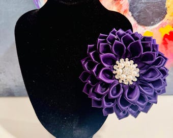 DST Inspired Deep Violet Satin w/Pearl and Crystal Jewel Flower Brooch