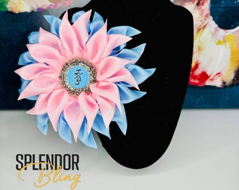 JJOA Light Pink and Powder Blue Kanzashi Flower Brooch with Rhinestone Interlocking JJ Center - Jack and Jill of America’s