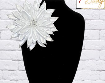 White Satin Kanzashi Flower Brooch with Crystal Center