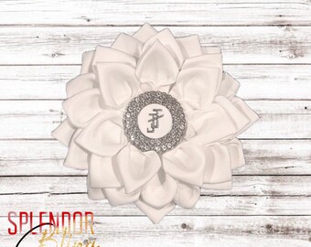 JJOA Protocol Perfect White Grosgrain Ribbon Flower Brooch with Rhinestone Interlocking JJ Center - Jack and Jill of America