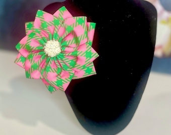 AKA Inspired Pink & Green Plaid Grosgrain Ribbon Flower Brooch