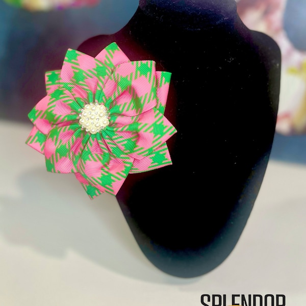 AKA Inspired Pink & Green Plaid Grosgrain Ribbon Flower Brooch