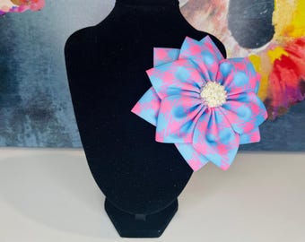 JJOA Blue & Pink Plaid Grosgrain Ribbon Flower Brooch - Jack and Jill of America