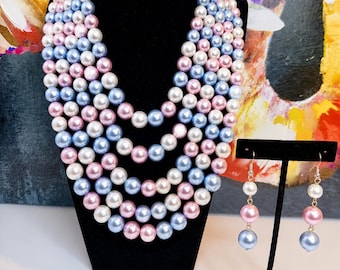 Jack and Jill of America Pink/White/Blue 5-strand Pearl Set