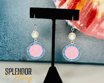 JJOA Pink Enamel, White Pearl and Blue Rhinestone JJ Logo Earrings