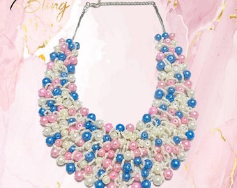 Jack and Jill of America inspired Pink/White/Blue Wired Pearl necklace