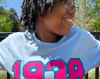 JJOA YOUTH 1938 Blue with NEON Pink Glitter Trim t-shirt - Jack and Jill of America