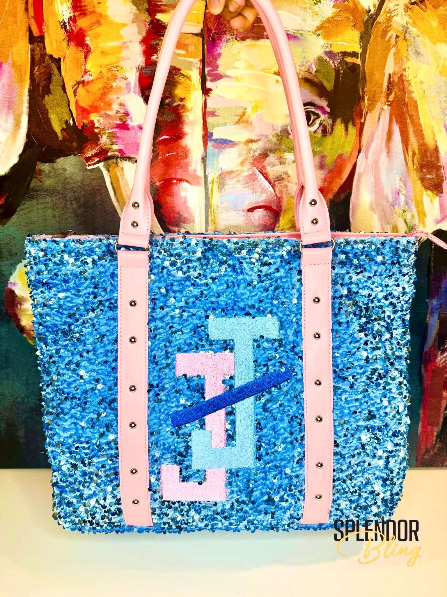 ■JILLSTUART■ Joy Mini Tote Bag 2color JLBA4F260BK JLBA4E26 JJOA Blue Sequin Tote Bag With Pink Straps — Jack and Jill
