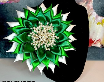 Oversized Dark Green/Green/White Satin Kanzashi Flower Brooch with Gold & Pearl Center - Links Inspired