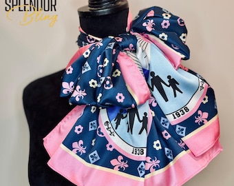 JJOA Blue High Fashion Fleur de Lis Satin Scarf with Traditional seal logo