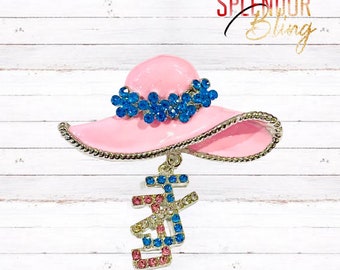 Jack and Jill of America Pink Enamel Hat w/Rhinestone Interlocking JJ Charm Brooch