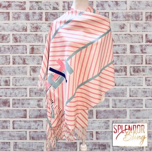 Jack and Jill of America Ivory, Pink, and Blue Striped Pashmina Shawl with Color JJ logo