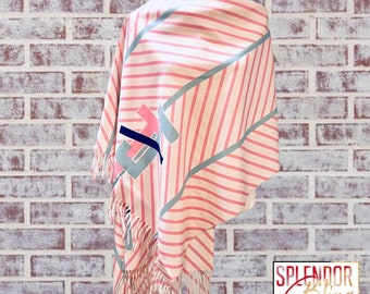 Jack and Jill of America Ivory, Pink, and Blue Striped Pashmina Shawl with Color JJ logo