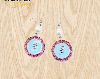 JJOA Blue Enamel, White Pearl and Pink Rhinestone JJ Logo Earrings