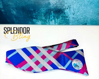 Jack and Jill of America royal blue/magenta plaid bow tie (self tie)