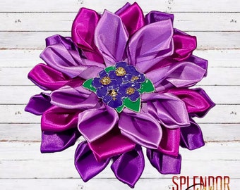 CLOSEOUT DST Inspired Graduated Purple Kanzashi Ribbon Flower with African Violet Brooch Center