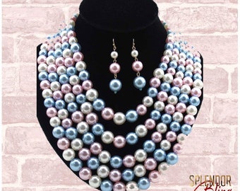 Jack and Jill of America Pink/White/Blue 5-strand Pearl Set