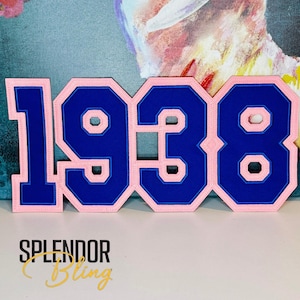 May include: A blue and pink felt patch with the number 1938 in a varsity style font.