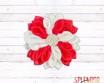 CLOSEOUT Red & White Petite Satin Ribbon Flower Brooch - DST Inspired