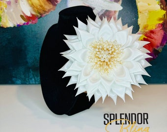 Oversized White Satin Kanzashi Flower Brooch with Gold & Pearl Center - Jack and Jill of America
