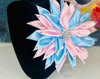 JJOA Pink and Blue Satin Kanzashi Flower Brooch with Crystal Center and petal accents - Jack and Jill of America