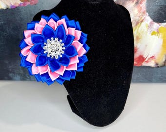 JJOA Cobalt/Pink/Cobalt Satin Flower with Pearl & Rhinestone Center Brooch - Jack and Jill of America