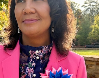 JJOA Blue/Pink/Deep Pink Satin Kanzashi Ribbon Flower Brooch with Rhinestone Interlocking JJ Center - Jack and Jill of America