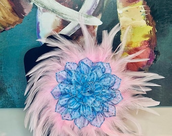 Oversized JJOA Inspired Light Blue and Pink Sequin Flower Brooch with Feather Fringe - Jack and Jill of America