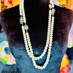 JJOA Protocol Perfect Rhinestone JJ and Rose 65” Long Pearl Necklace ONLY