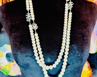 JJOA Protocol Perfect Rhinestone JJ and Rose 65” Long Pearl Necklace ONLY