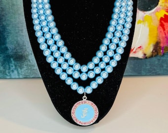 JJOA Blue 3-strand Pearl branded necklace - Jack and Jill of America