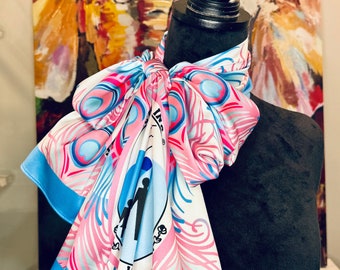 White/Blue Peacock Print Twill Satin Scarf with Traditional seal Jack and Jill of America logo