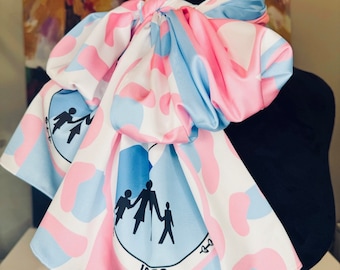 White/Pink/Blue Leopard Print Twill Satin Scarf with Traditional seal Jack and Jill of America logo