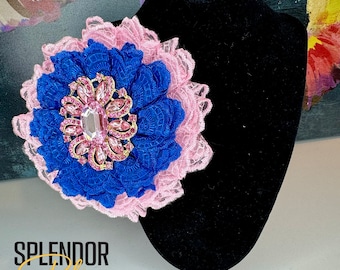CLOSEOUT JJOA Pink and Bright Blue Lace Flower Brooch with Oversized Pink Crystal Center - Jack and Jill of America