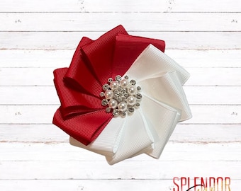 DST Inspired Red & White Grosgrain Ribbon Flower Brooch - Delta Sigma Theta