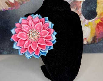 Graduated Soft Pink/Bright Pink/Medium Blue Satin w/Pearl and Crystal Jewel Flower Brooch - Jack and Jill of America