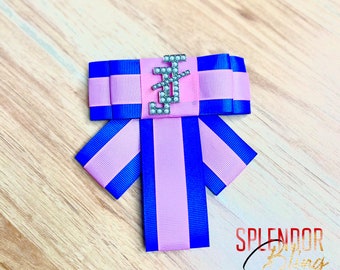 Jack and Jill of America Pink & Blue Ribbon Brooch with Interlocking JJ logo in center