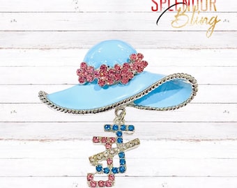 Jack and Jill of America Blue Enamel Hat w/Rhinestone Interlocking JJ Charm Brooch