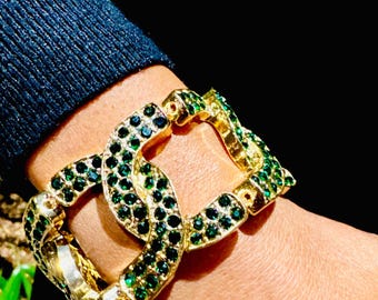 Pulsera elástica de eslabones grandes con diamantes de imitación verdes de LINKS