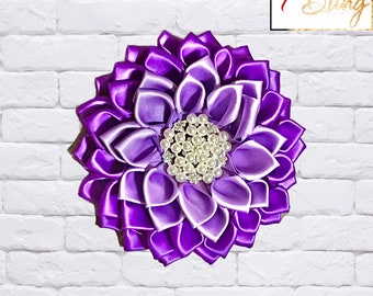 DST Inspired Graduated Violet Purple Satin w/Pearl and Crystal Jewel Flower Brooch