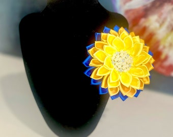 SGRho Inspired Graduated Yellow and Royal Blue & Pearl Satin Flower Brooch