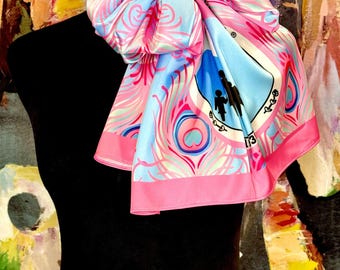 Pink/Blue Peacock Print SATINY Scarf with Traditional seal Jack and Jill of America logo