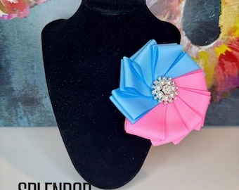 JJOA Light Blue & Pink Grosgrain Ribbon Flower Brooch - Jack and Jill of America
